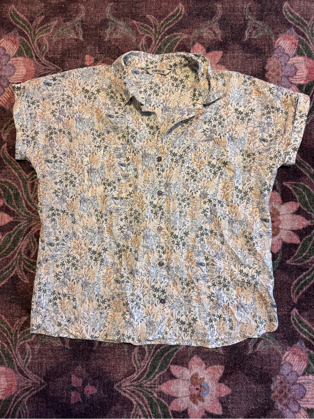Orvis Women’s Floral Button-Down Neutral Short Sleeve Floral Cotton Top - Large
